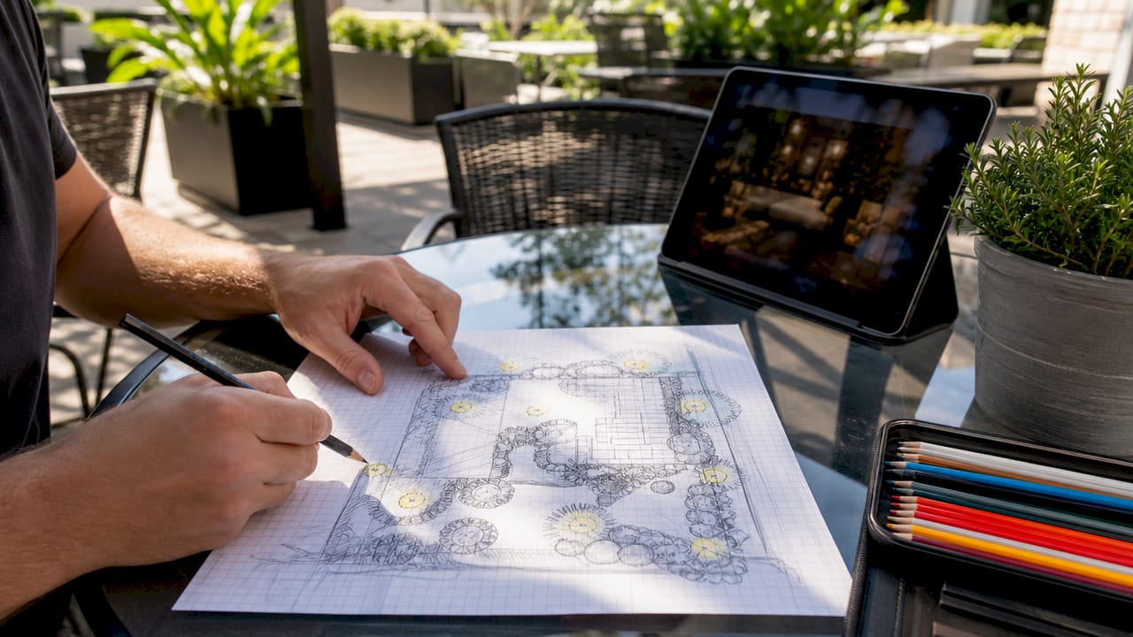 Homeowner sketching outdoor lighting zones on paper