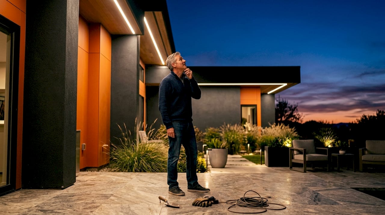 Homeowner inspecting outdoor permanent LED lights at dusk