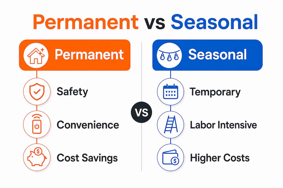 Infographic comparing permanent and seasonal holiday lighting benefits