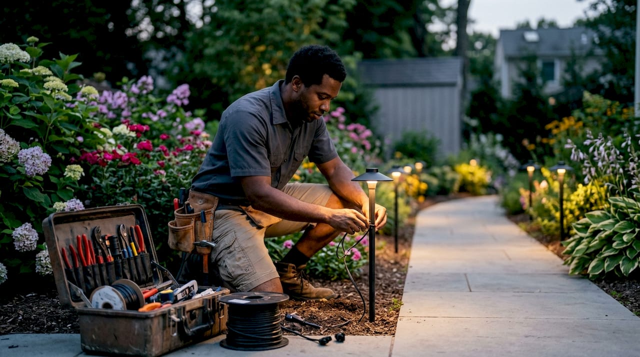 Contractor installing outdoor LED landscape lighting at dusk