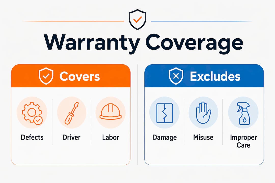 Infographic contrasting lighting warranty coverage and exclusions