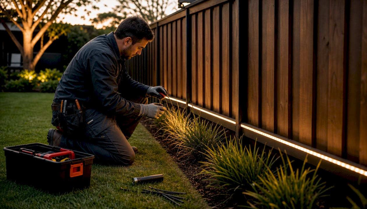 Electrician installing LED home lighting outdoors