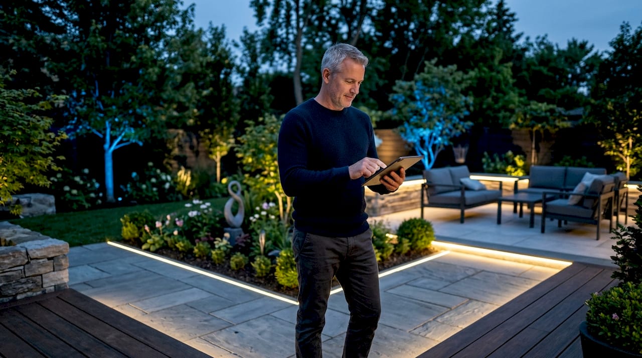 Homeowner adjusting LED home lighting on tablet