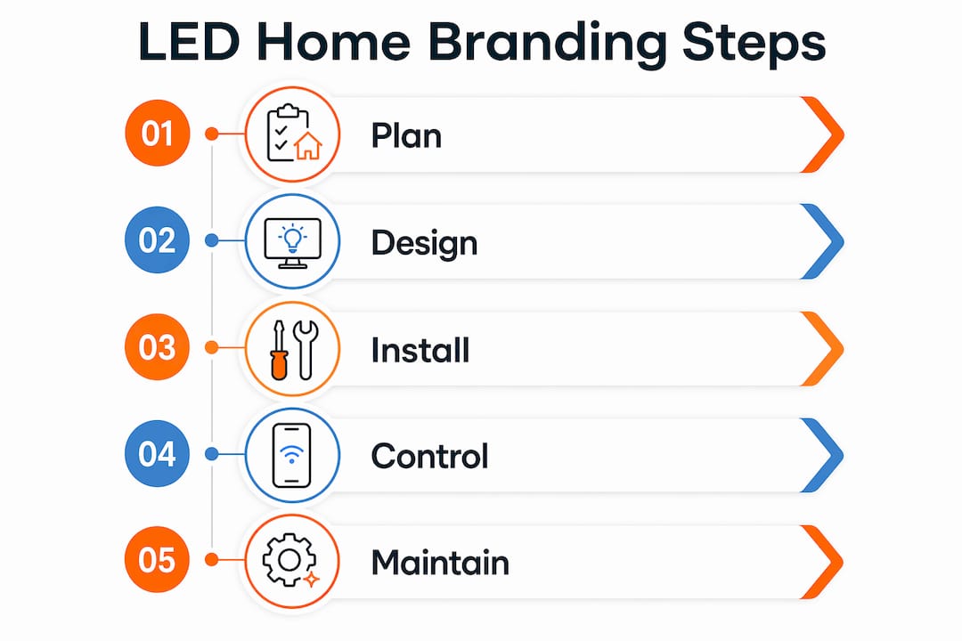 Infographic illustrating steps for LED home branding