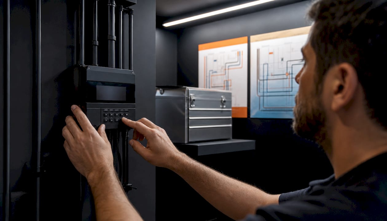 Indoor lighting controller with wiring and technician's hands