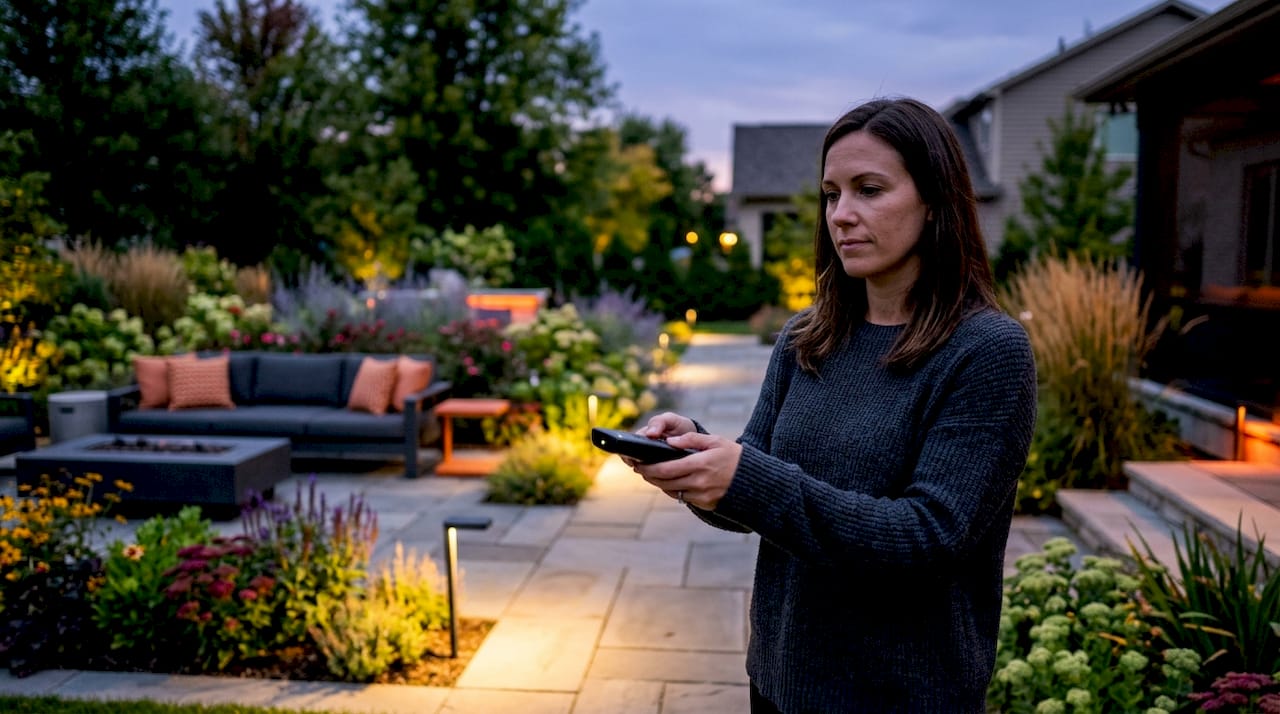Homeowner operating exterior lighting with remote