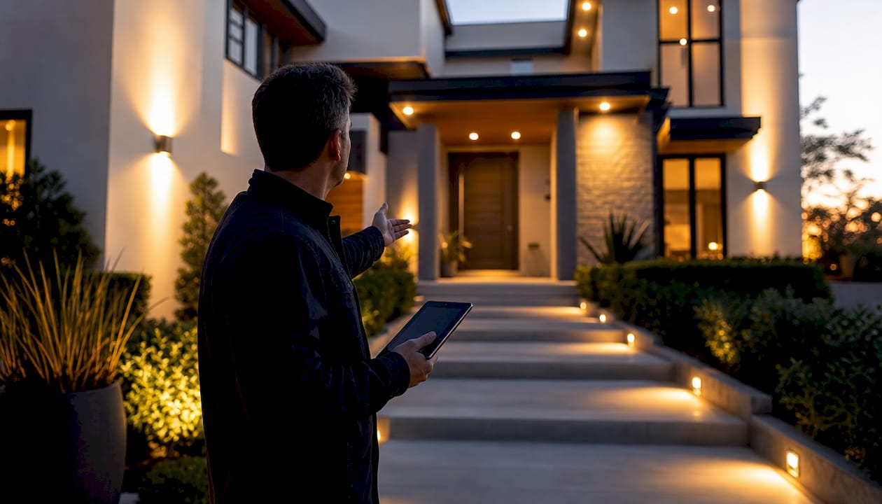 Lighting specialist inspecting exterior home lighting
