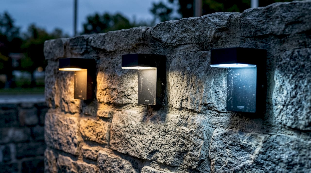 Close-up of three exterior light fixtures showing color temperature