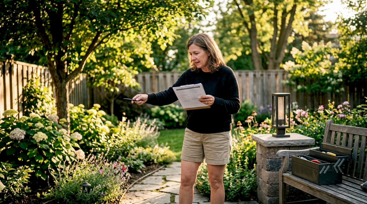 Woman planning outdoor lighting installation