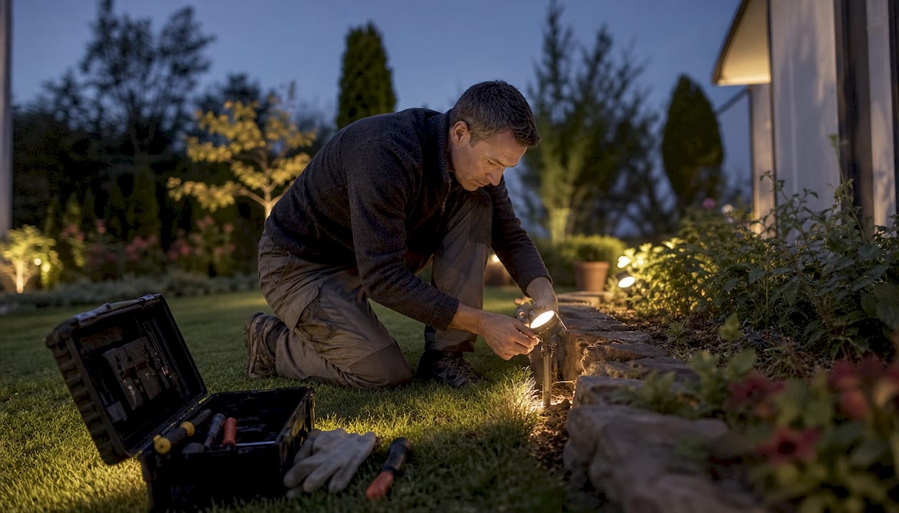 Homeowner adjusting outdoor landscape light at dusk