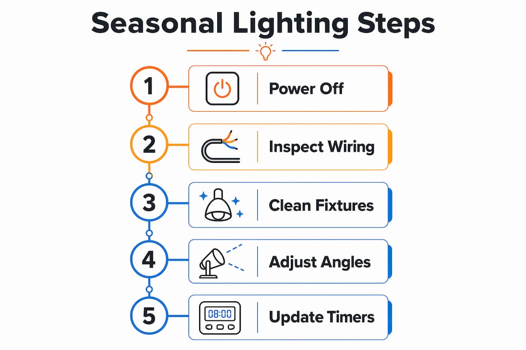 Infographic illustrating step-by-step seasonal lighting changeover
