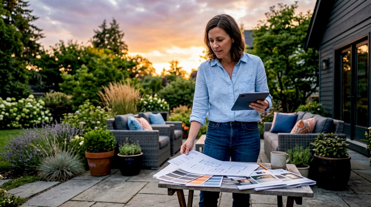 Homeowner planning exterior lighting at table