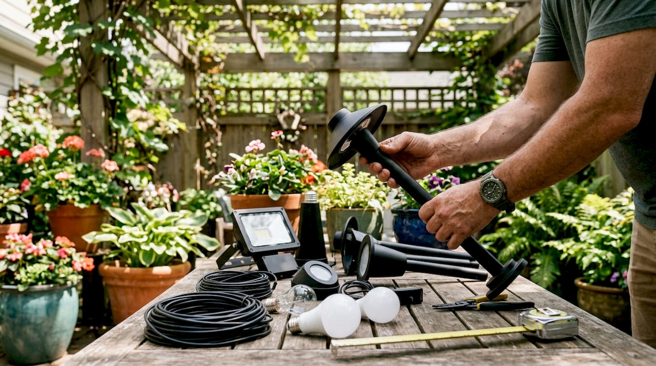 Hands arranging outdoor lighting fixtures on bench