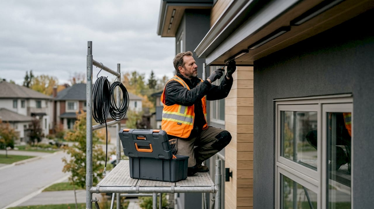 Technician installing permanent outdoor lights on house roofline