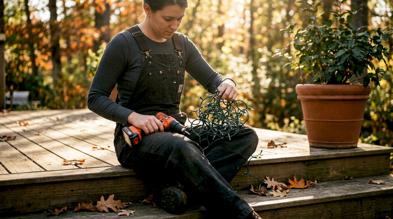 Homeowner handling tangled seasonal holiday lights outdoors