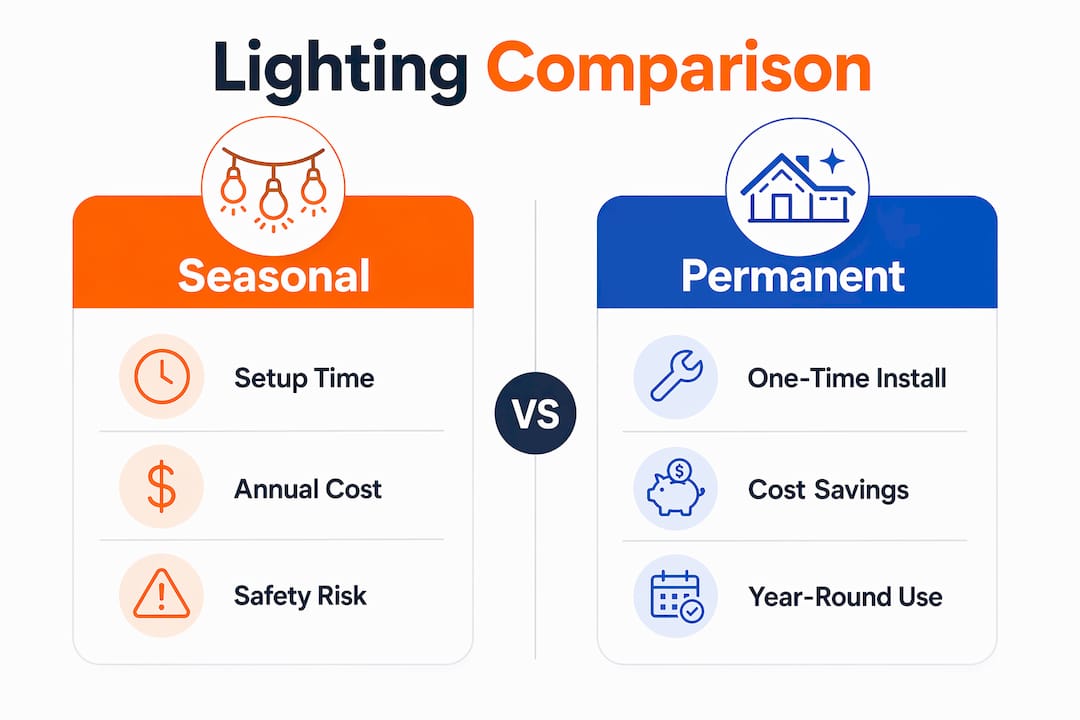 Infographic comparing seasonal and permanent lighting