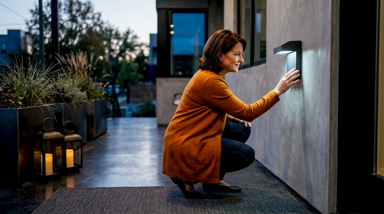 Homeowner inspecting LED exterior light on porch