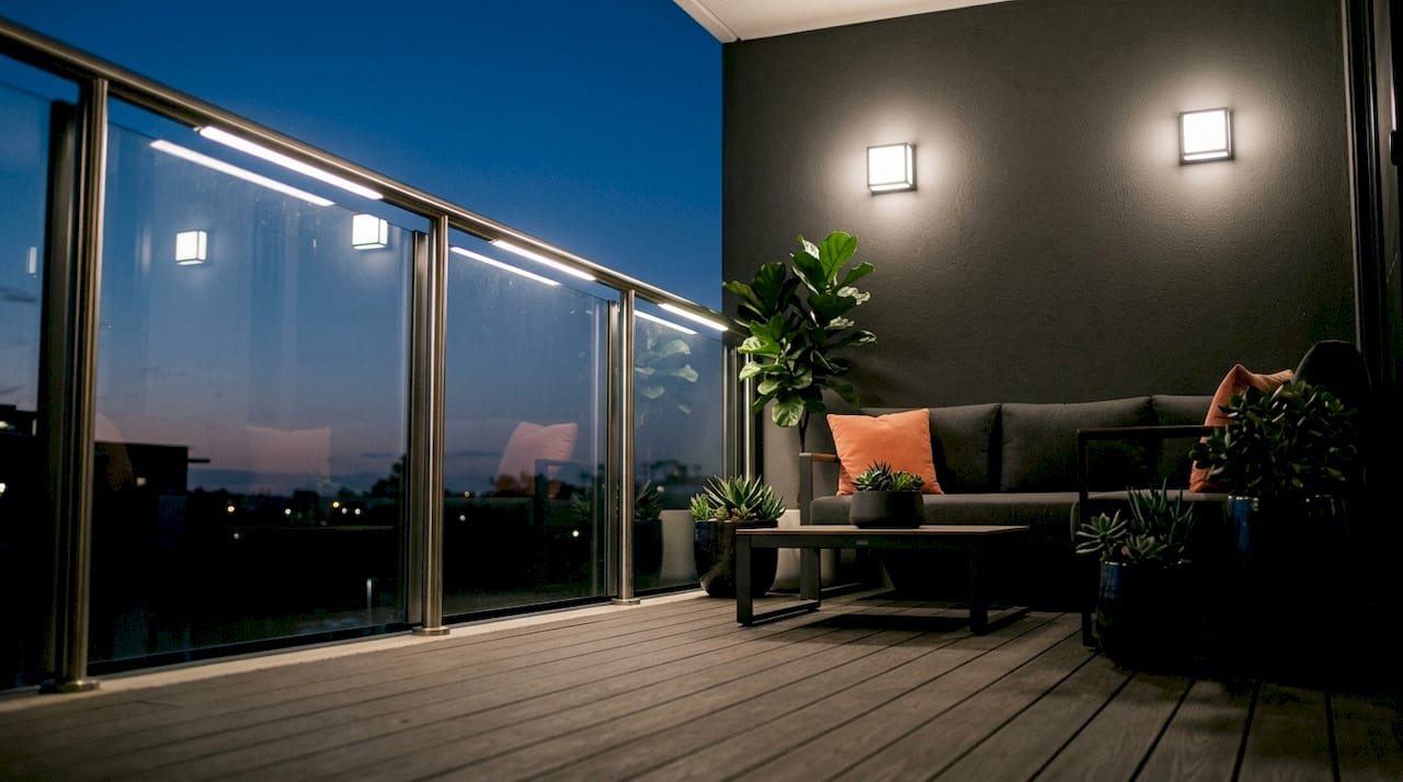 Backyard patio lit by energy efficient LED lights