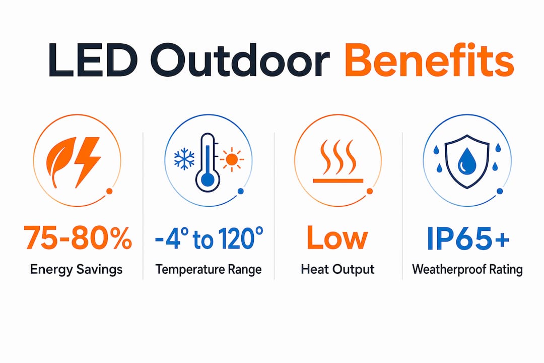 Infographic showing key LED outdoor lighting benefits