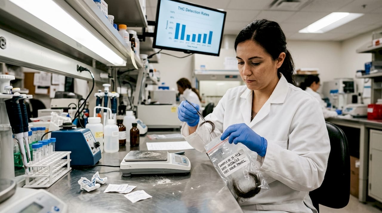 Lab technician handles hair sample for drug testing