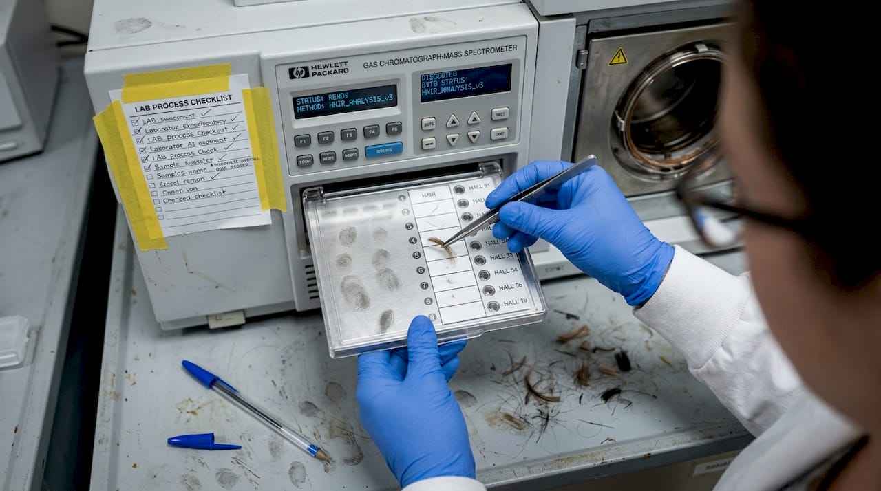 Hands preparing hair sample for drug test