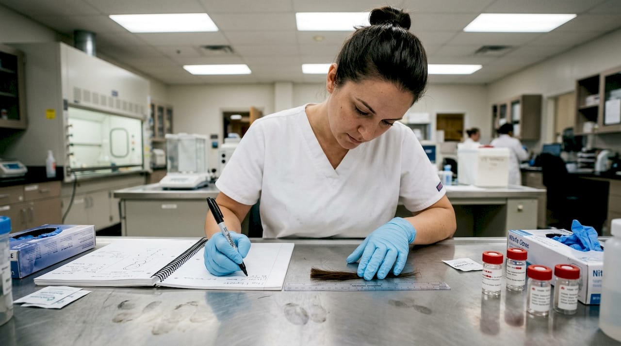 Lab technician measuring hair sample for testing