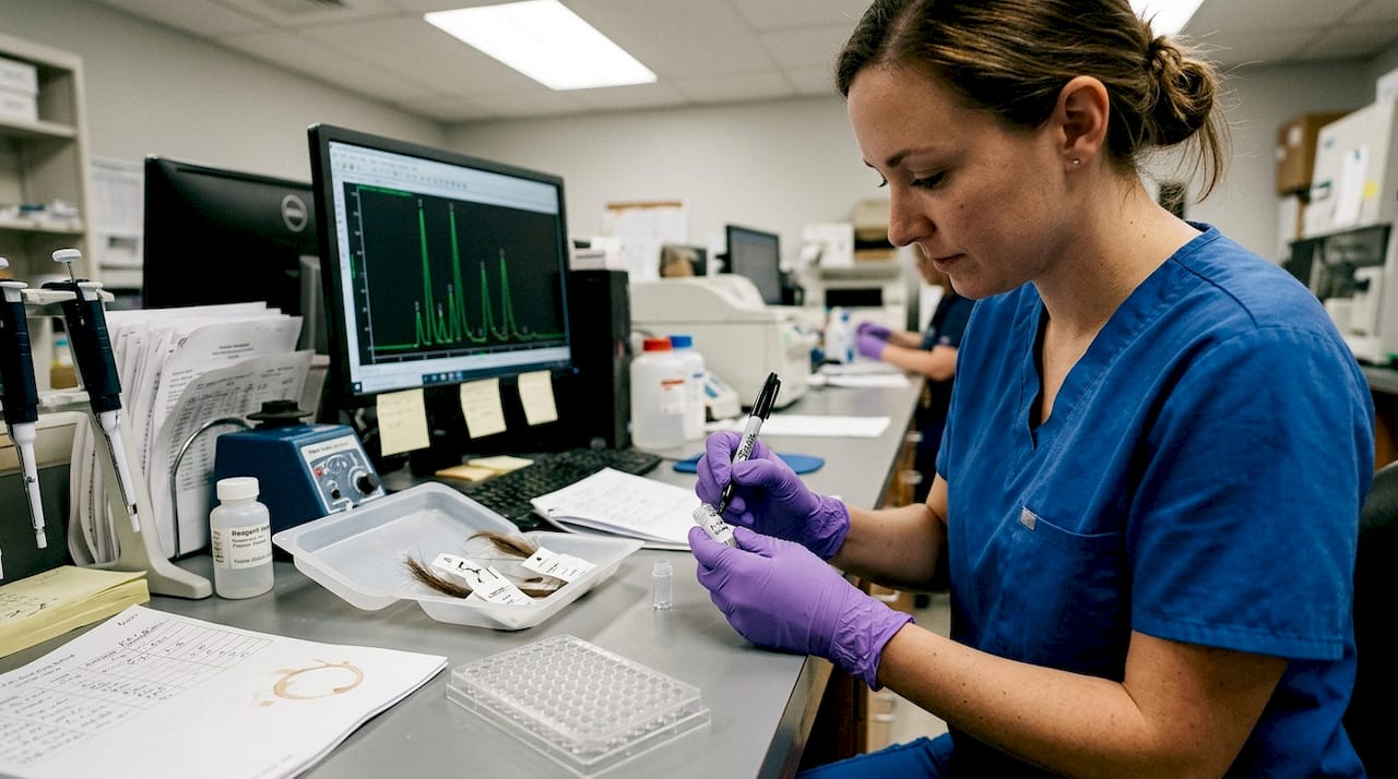 Lab tech labeling hair sample for test