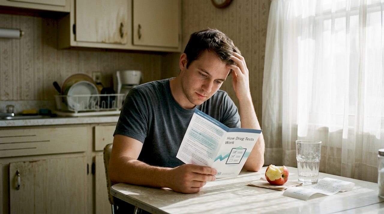 Young man reading drug test pamphlet kitchen