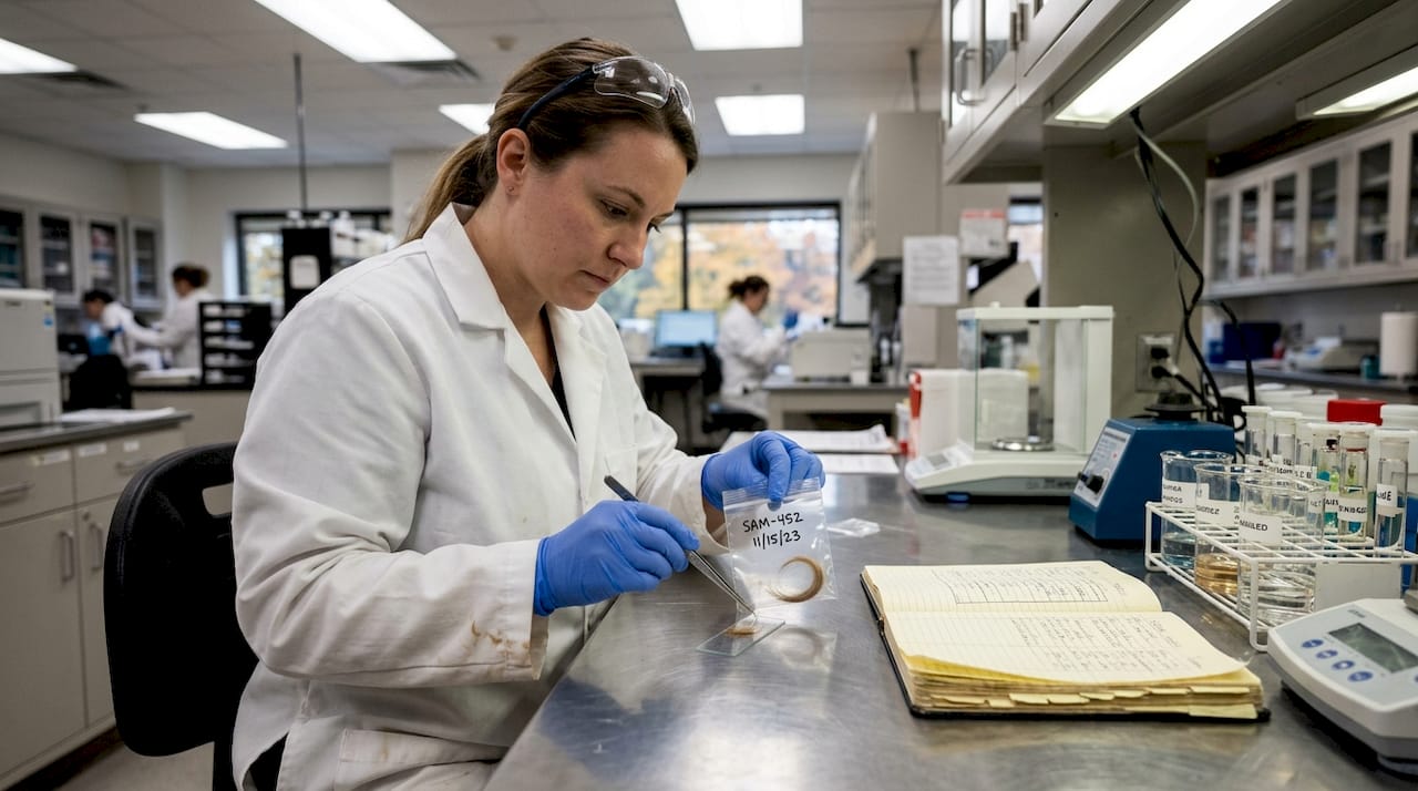Lab technician handles hair test sample