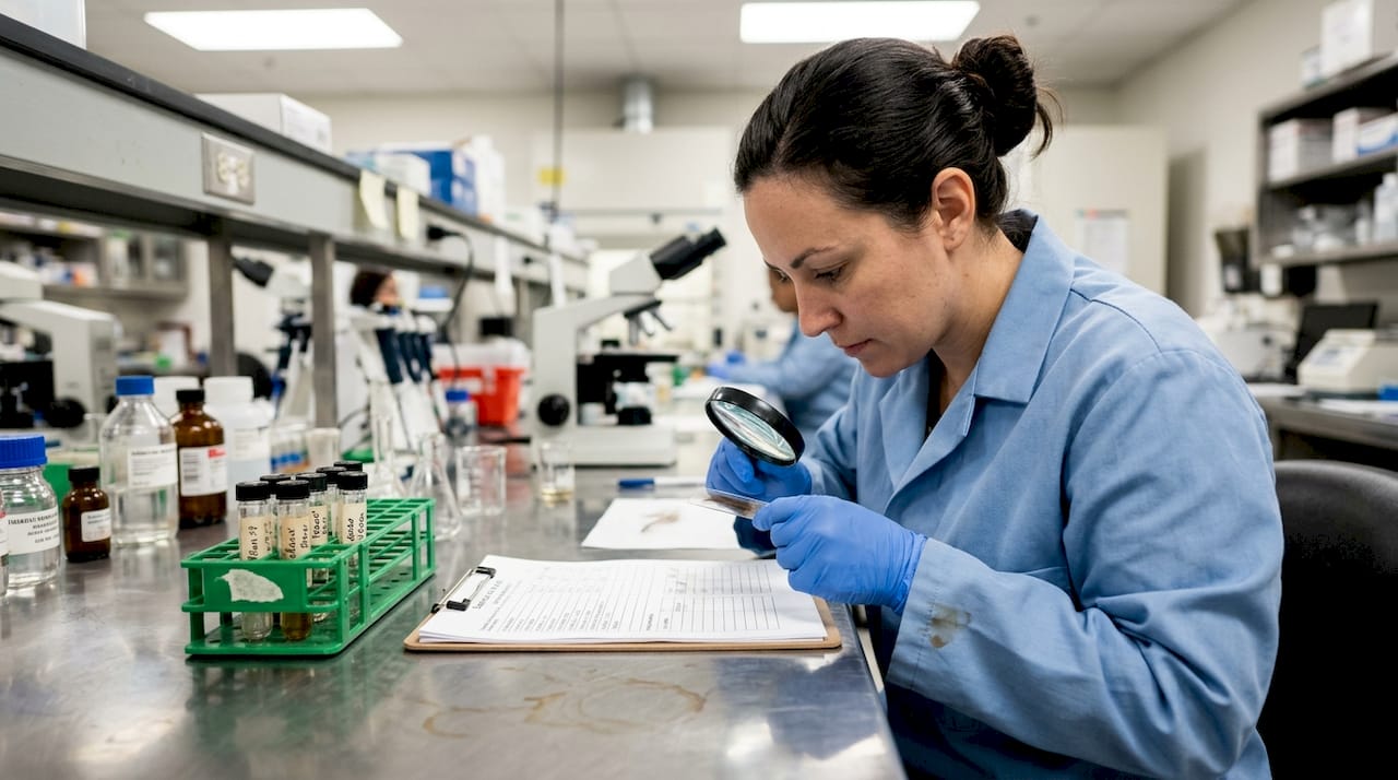 Lab technician analyzing hair sample for drugs