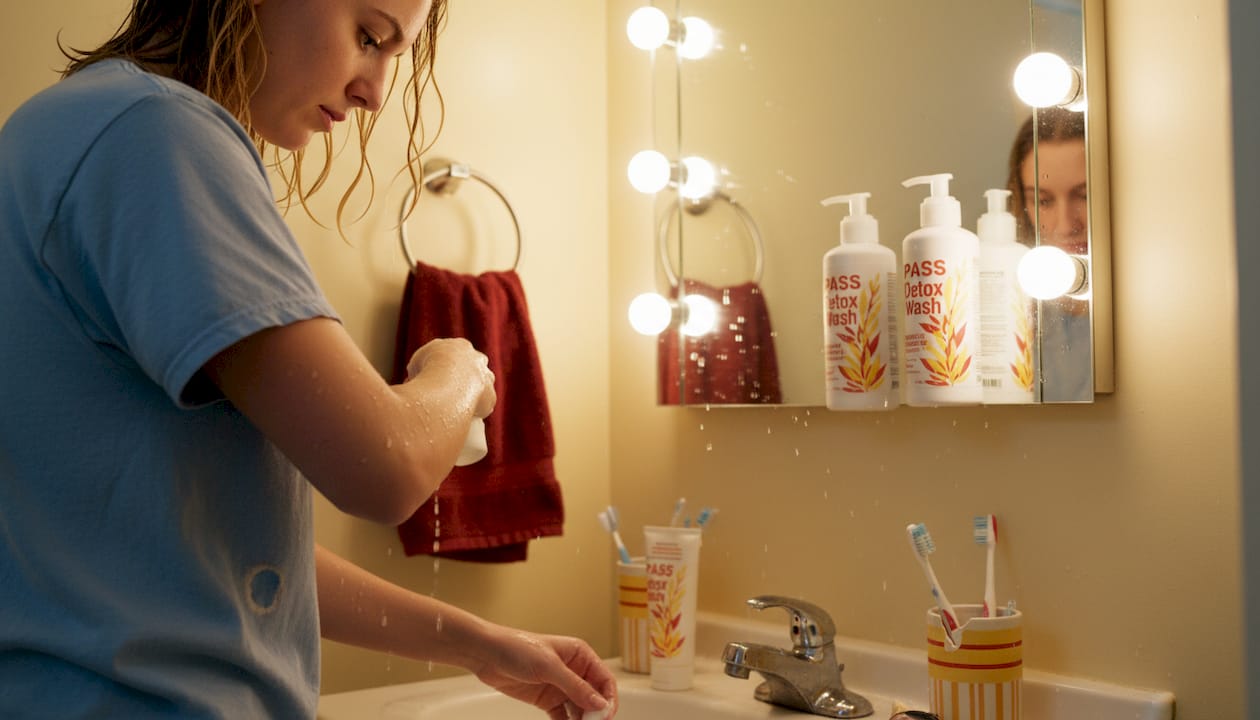 Woman using specialty shampoo at bathroom sink