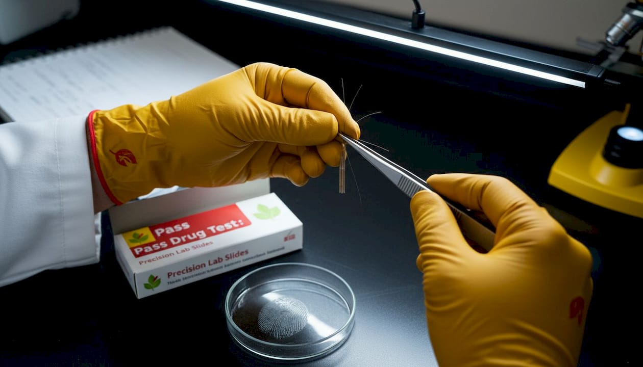 Gloved hands examining hair for drug test