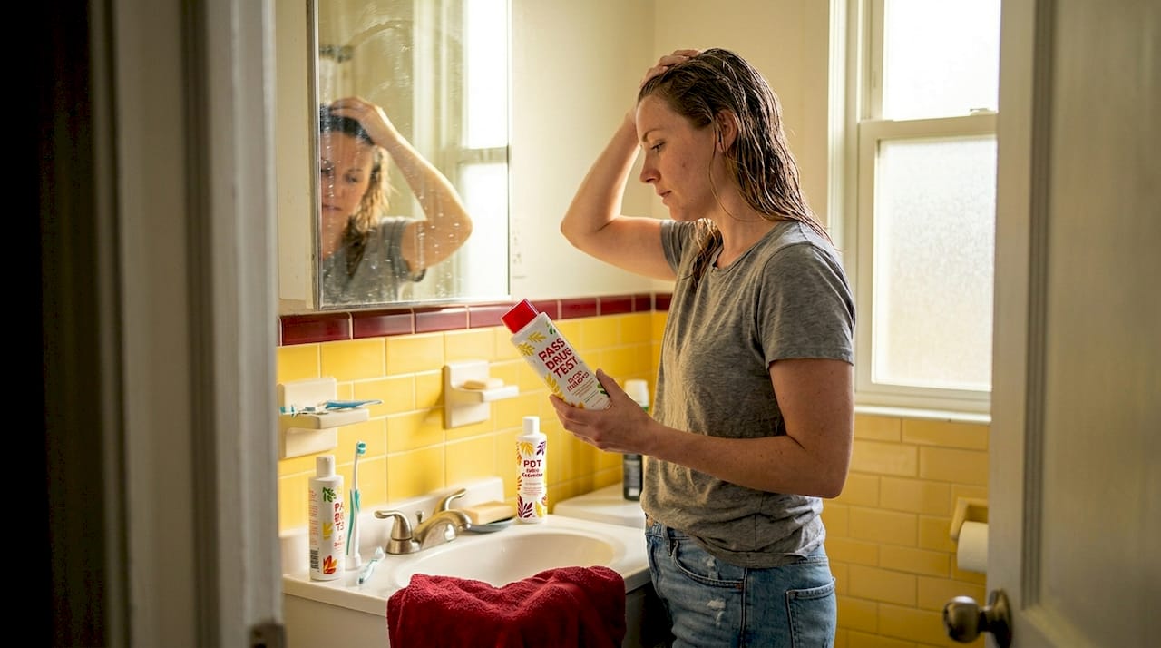 Woman applying detox shampoo in bathroom