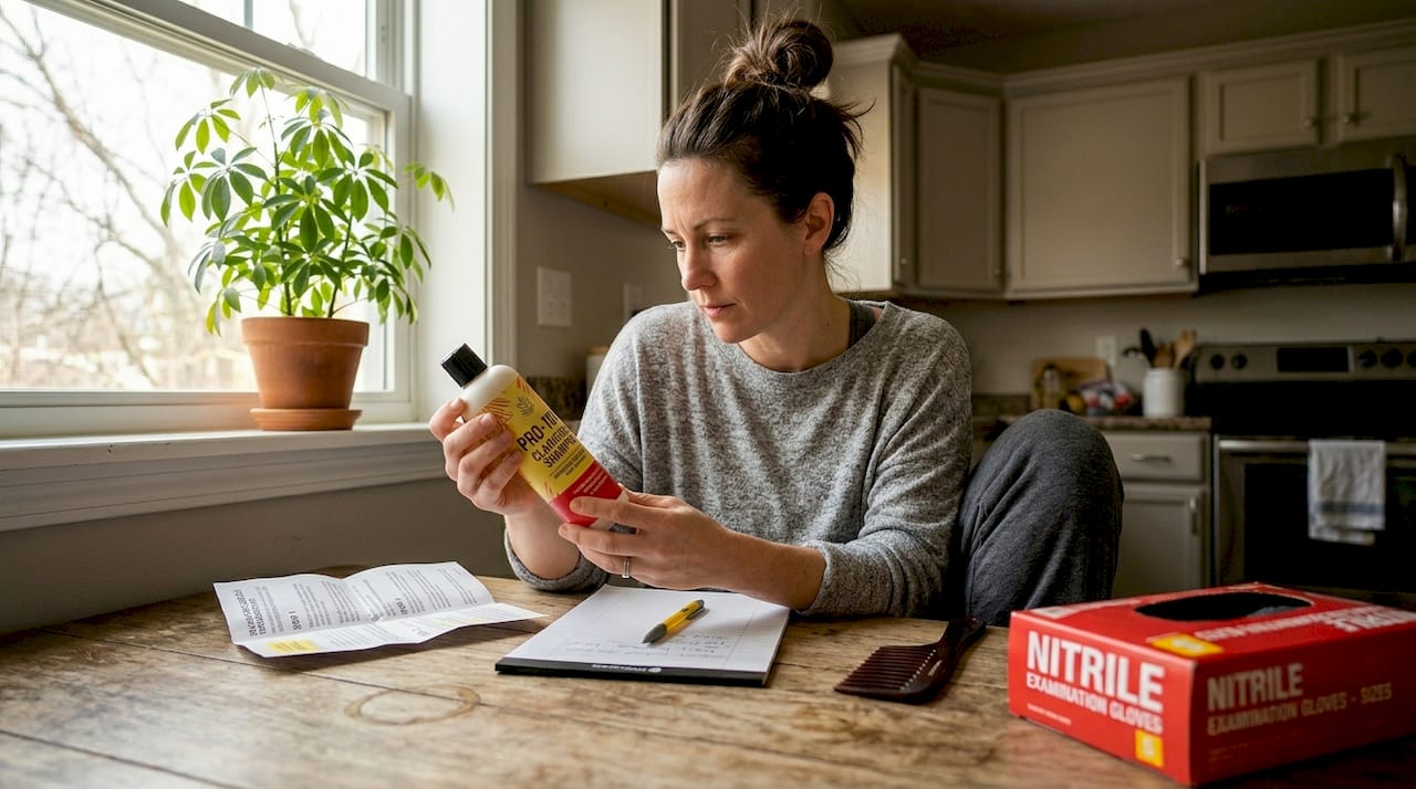 Woman reading hair detox shampoo instructions
