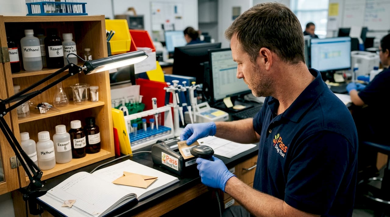 Technician processing hair samples in clinical lab
