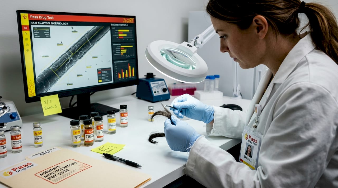 Lab technician analyzing hair sample in lab