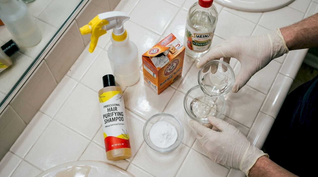 Hands preparing items for hair detox method
