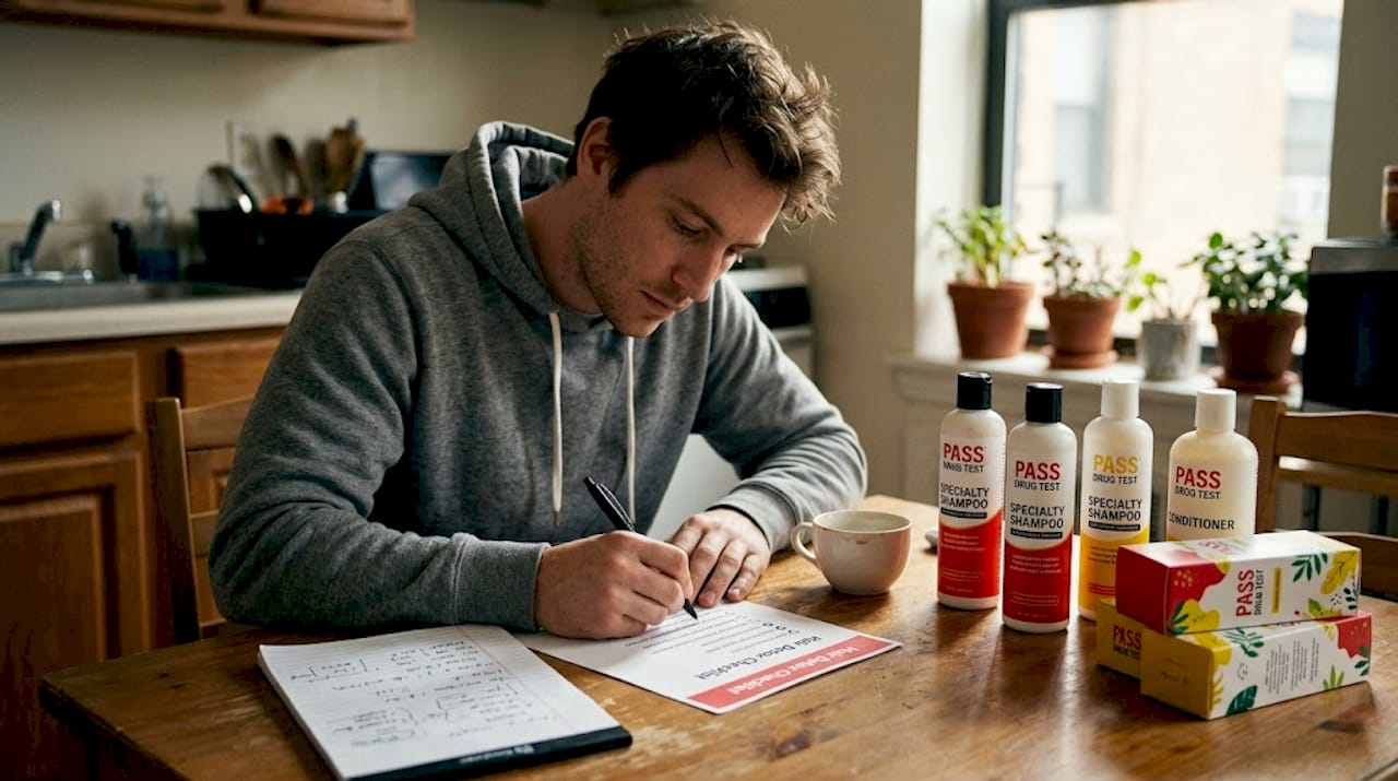 Man reviews hair detox checklist at kitchen table