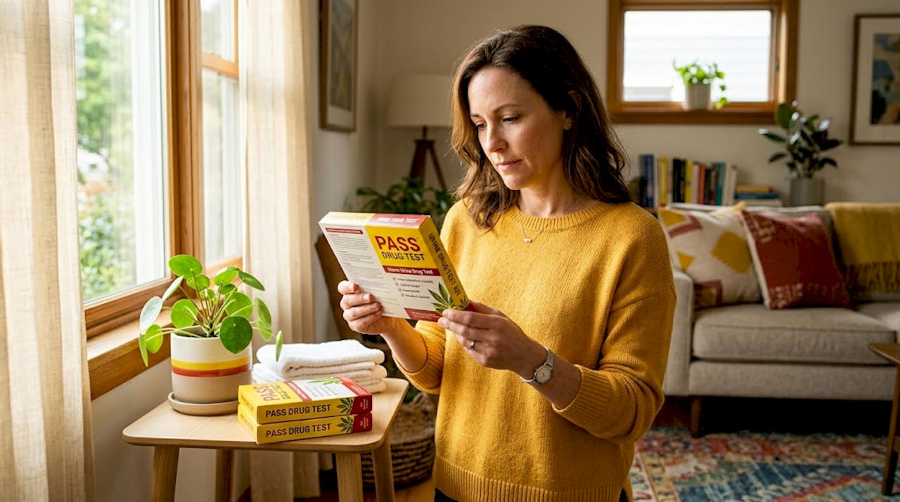 Woman reading label on urine drug test kit