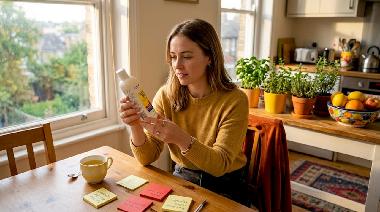 Person reading detox shampoo label at desk
