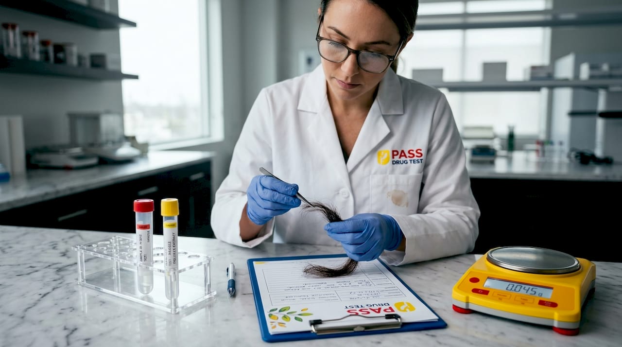 Lab technician preparing hair drug test sample