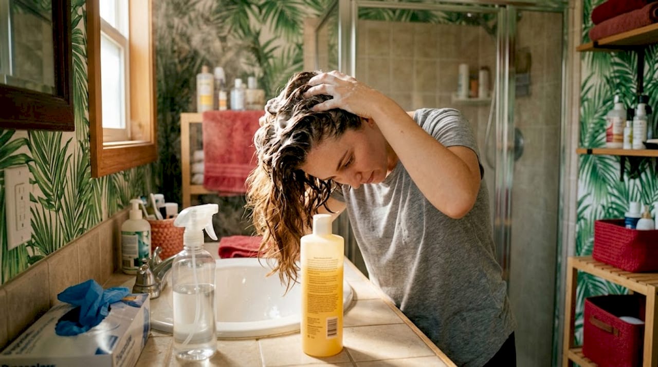 Woman washing hair with detox shampoo in bathroom