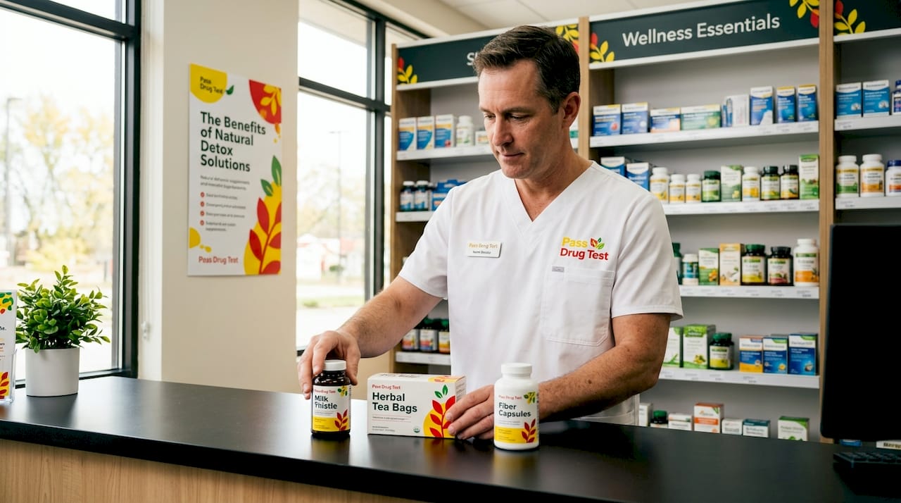 Pharmacist sorts detox supplement options on counter