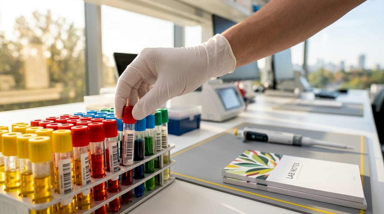 Gloved hand reaches for immunoassay tubes