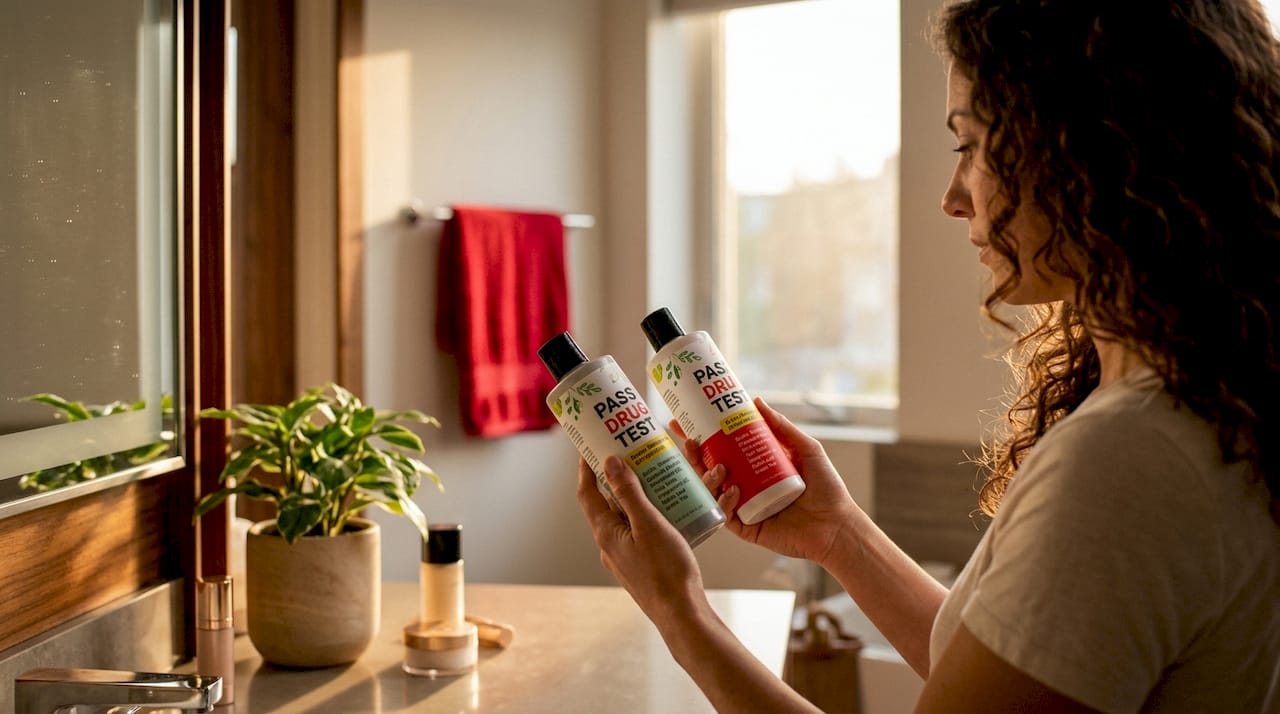 Woman compares two detox shampoo bottles