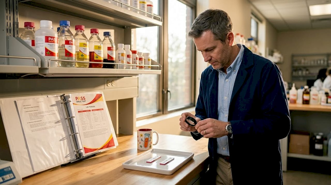 Chemist reviewing immunoassay test strip results