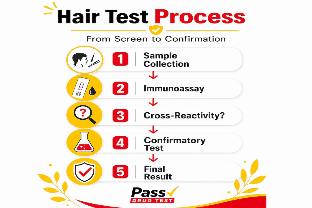Hair test process infographic showing five key steps