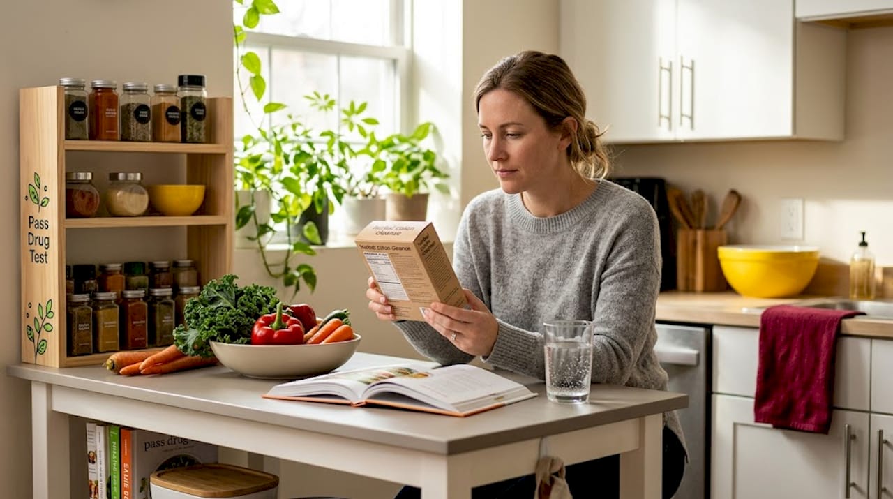 Person examines herbal colon cleanse box at kitchen table