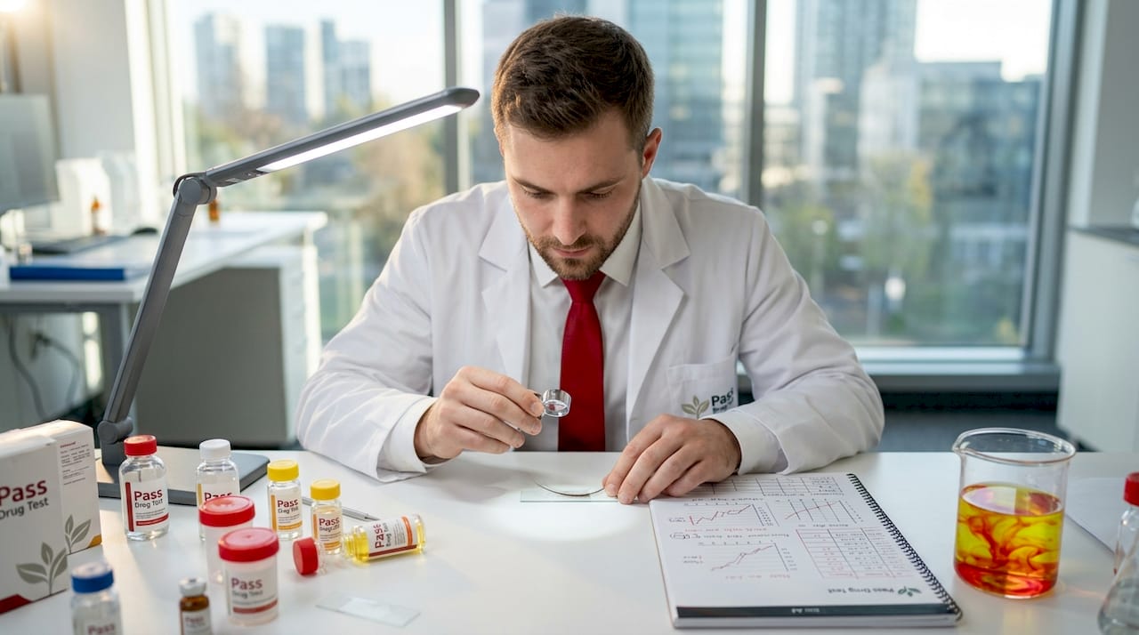 Lab technician studying hair strand at desk