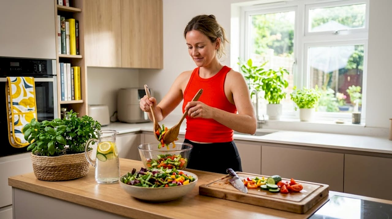Woman preparing antioxidant-rich salad in kitchen